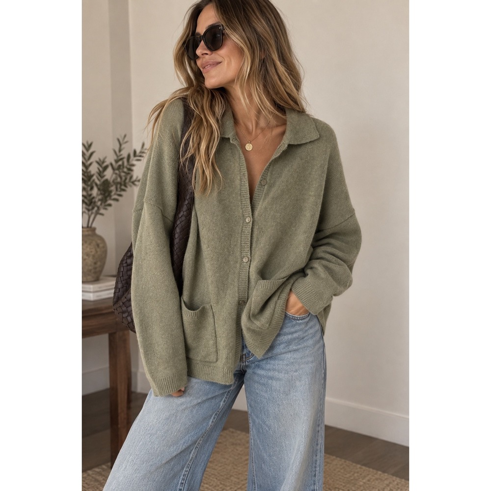 Abercrombie & Fitch Women XL Sage Green Cotton Collared Cardigan Sweater Pocket
